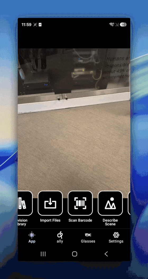 A screenrecording showing the Envision app accurately describing and reading text from a display, completely offline