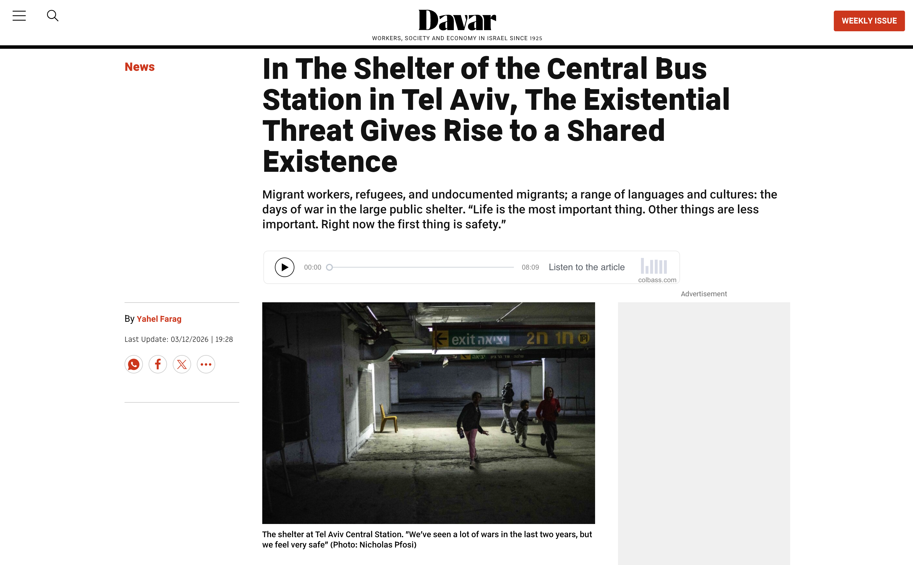 In The Shelter of the Central Bus Station in Tel Aviv, The Existential Threat Gives Rise to a Shared Existence - Davar tearsheet