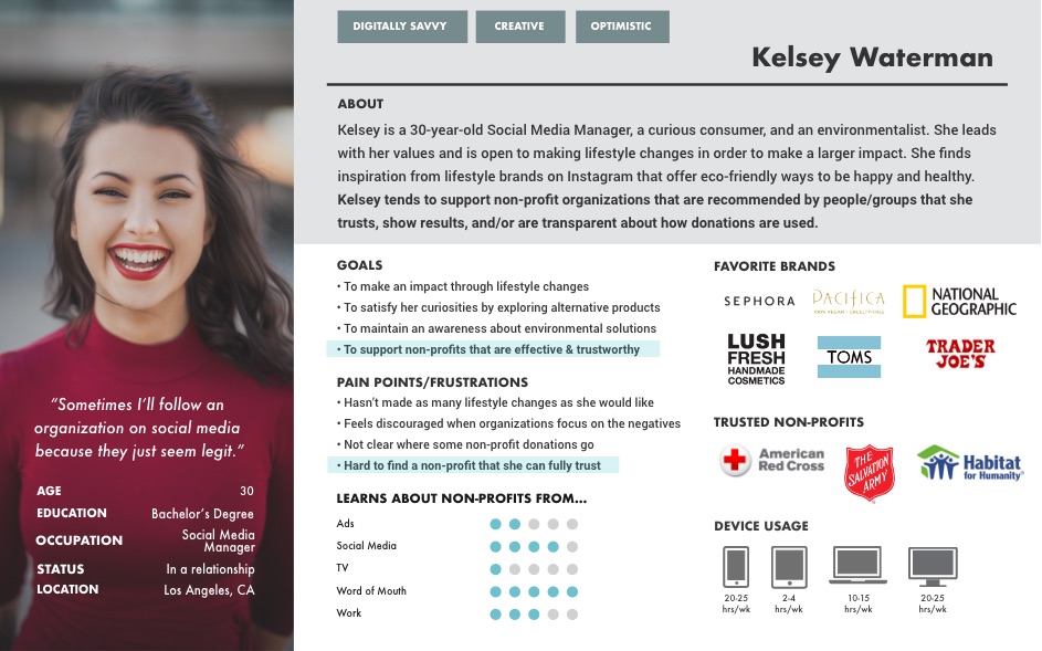 User persona of a young woman who wants to support an environmental non-profit that she trusts