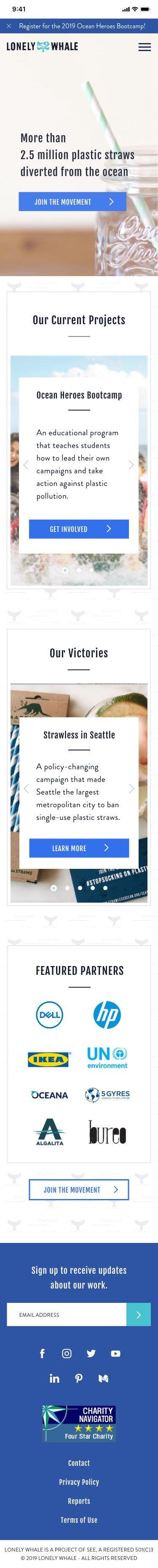 High-fidelity mobile mockup organizes Lonely Whale's work into current projects and achievements