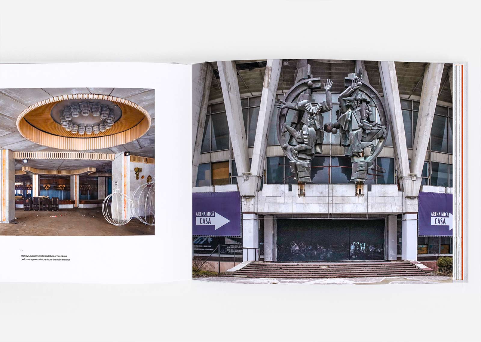 Details and interior of the brutalist Chișinău State Circus before restoration.
