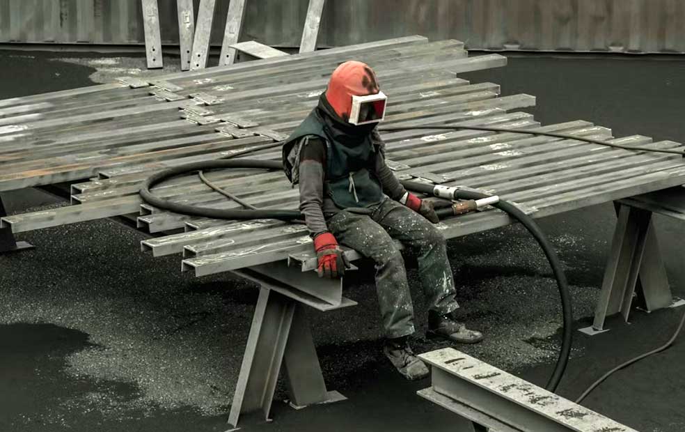 Worker wearing protective gear and helmet sitting on stacked metal beams with a sandblasting hose.