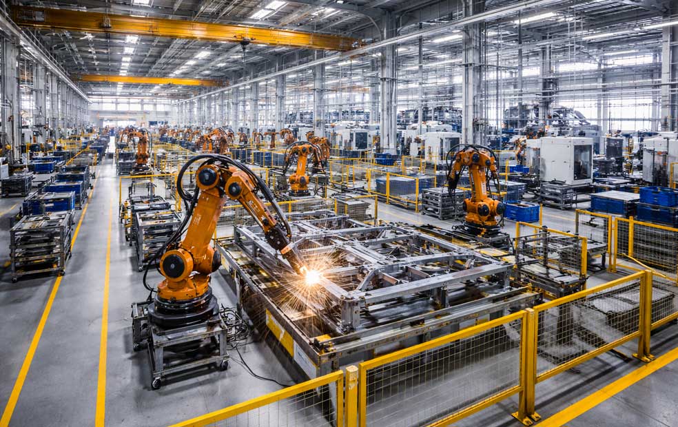 Worker wearing protective gear and helmet sitting on stacked metal beams with a sandblasting hose.