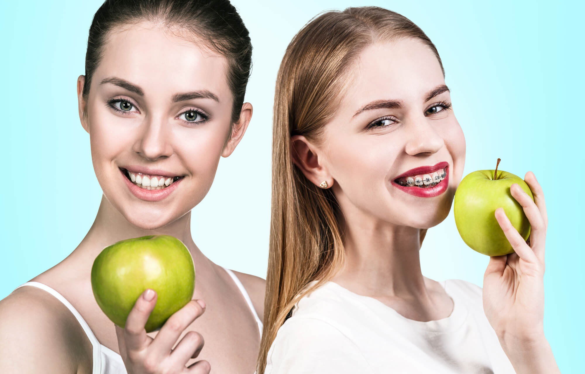 Two new patients of a Marco Island Dentist holding an apple with vitamins and minerals