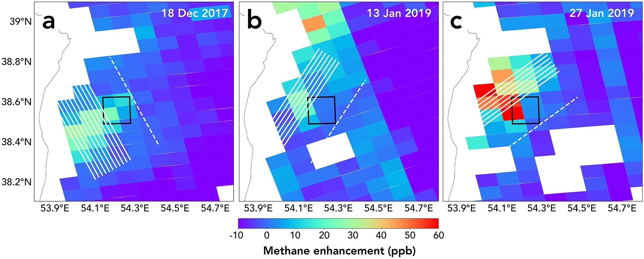 Sample TROPOMI observations of methane plumes in the Korpezhe oil/gas field, western Turkmenistan