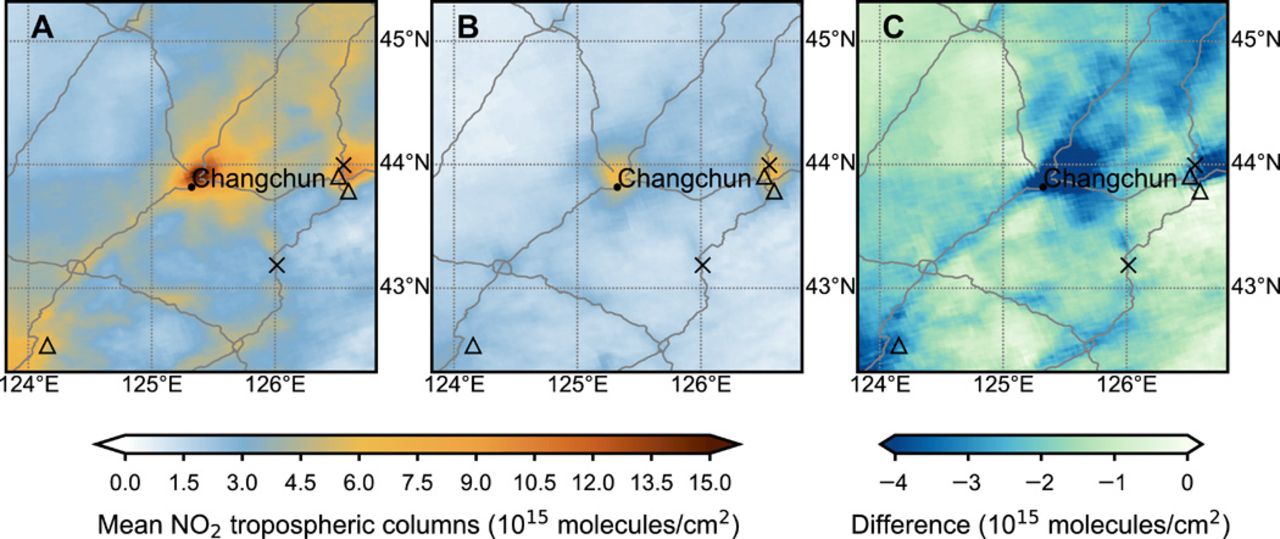 Reductions in NO₂ along highways in China