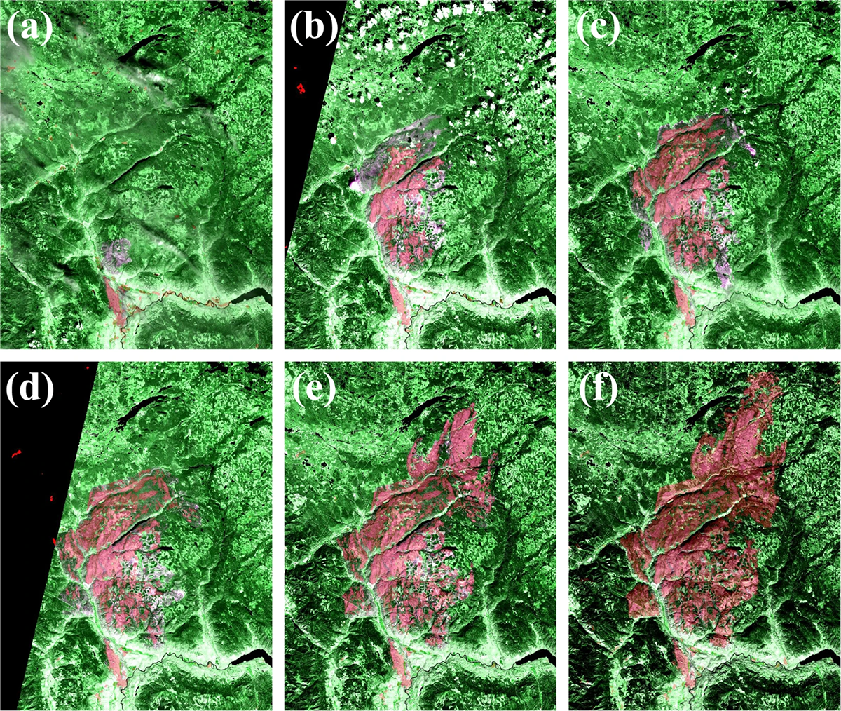 Sentinel-1 based wildfire progression maps in the Elephent Hill, British Columbia, Canada, in 2017 (Convolutional Neural Network in transparent red) overlaid on the Sentinel-2 MSI false color composites