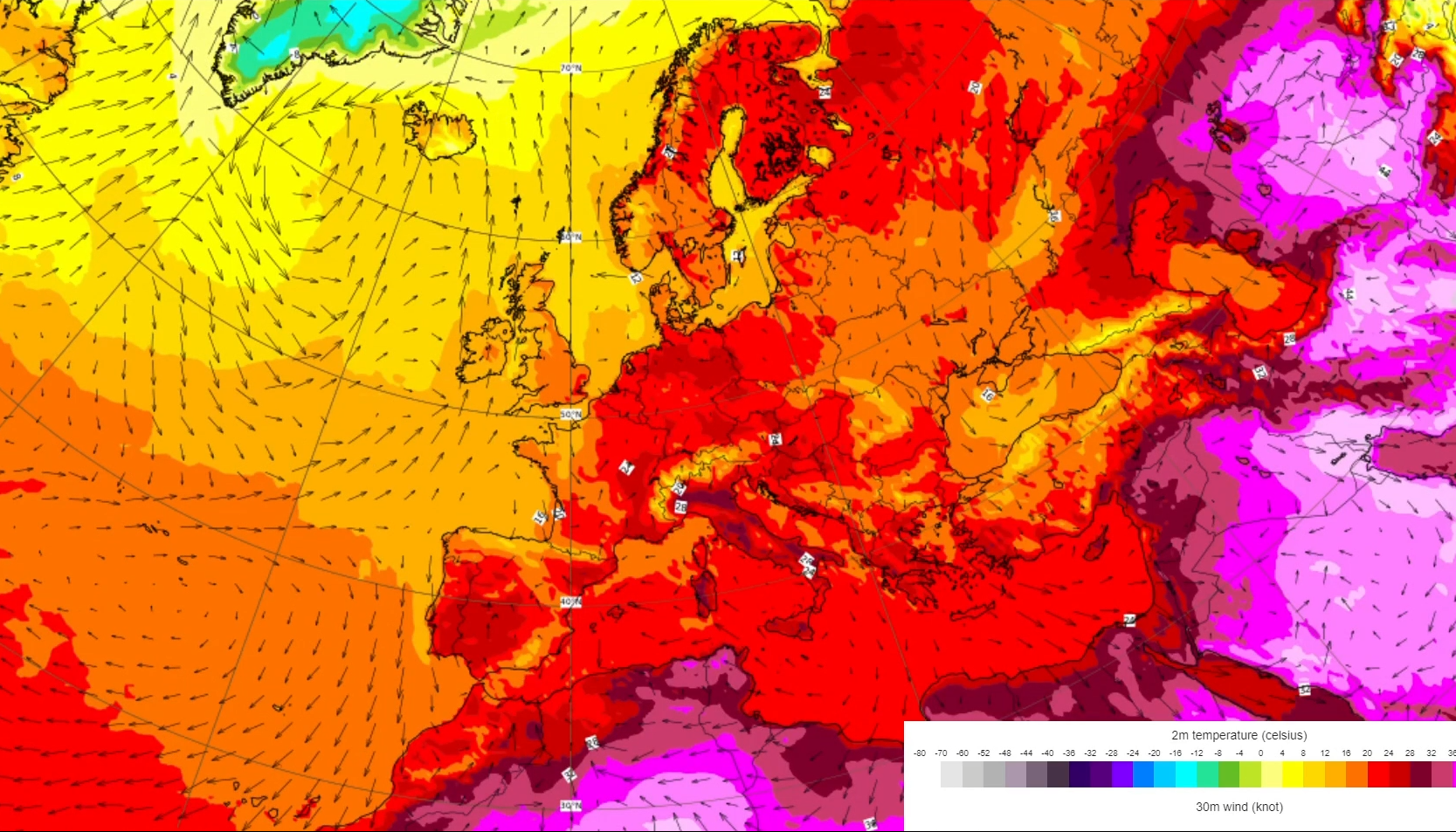 ECMWF temperature and winds forecast