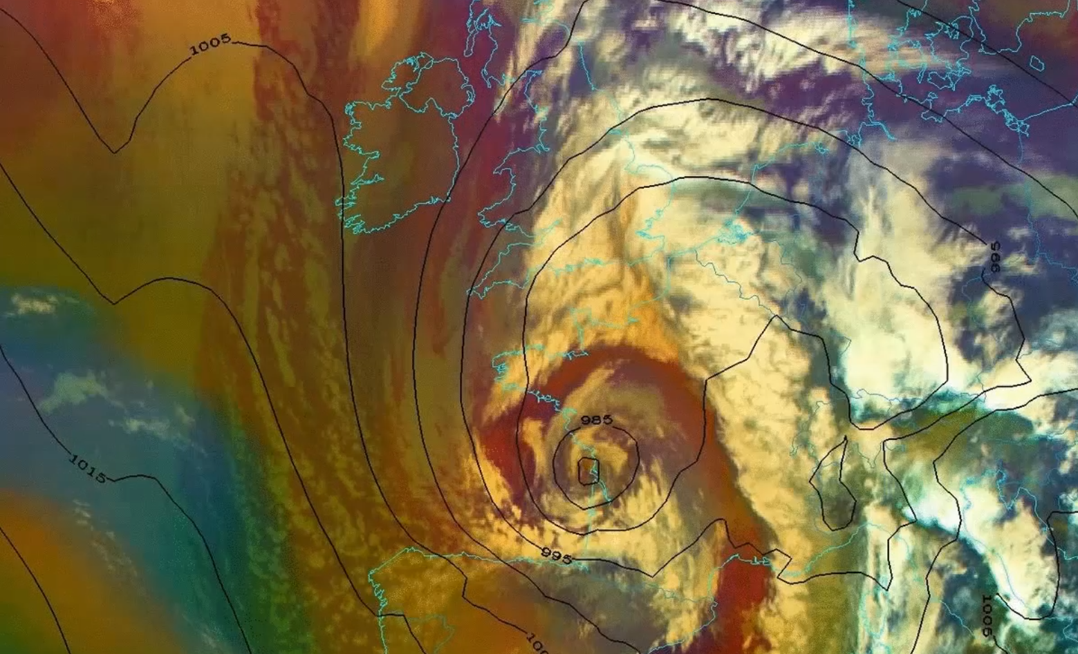 Meteosat-11 Airmass RGB animation overlaid by ECMWF Mean Sea Level Pressure (hPa, black isolines) of Storm Alex moving across France 1 October - 4 October 2020