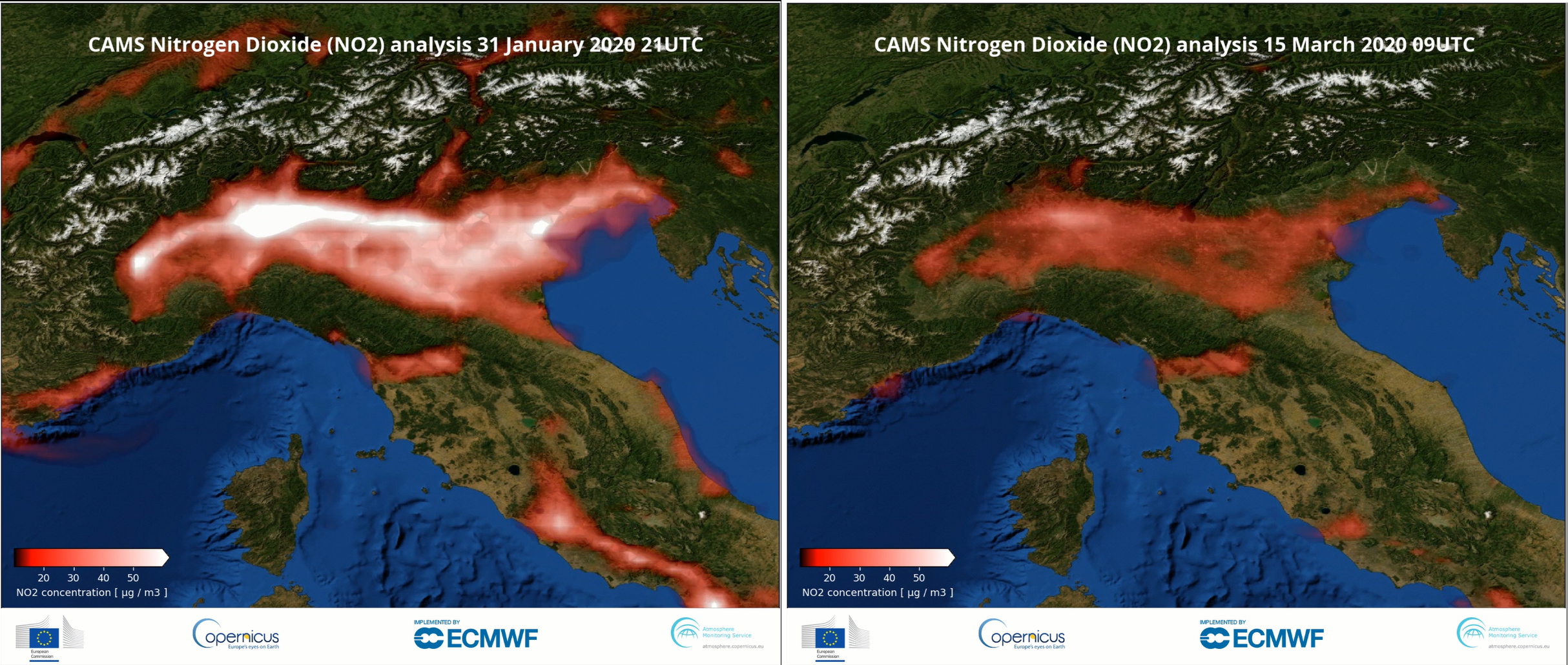NO2 concentrations 31 Jan & 15 March 2020 for Northern Italy