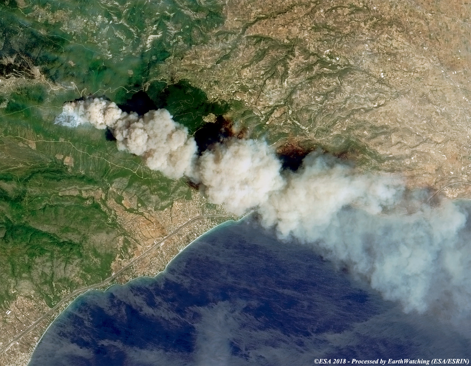 This image shows a smoke plume from a fire in Kinata, Greece in July 2018, taken by Sentinel-2