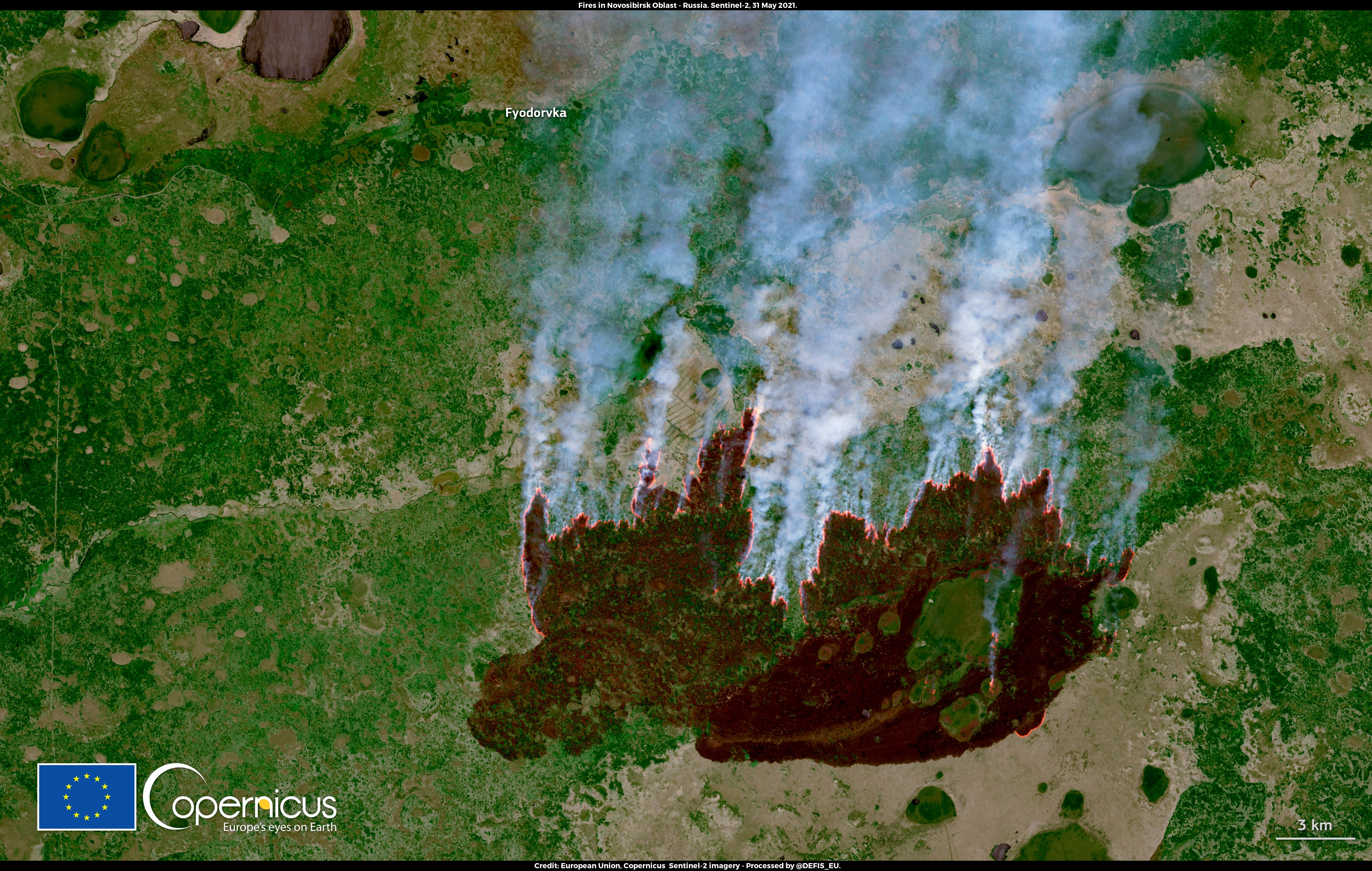 Multiple fires are ongoing in southwestern Siberia after the Heatwave that affected central Russia in late May 2021. Sentinel- 2 image showing a the wildfire active in the region of Novosibirsk