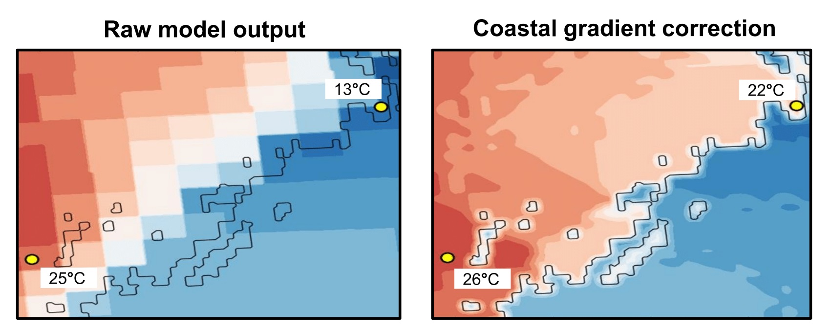 Downscaling along coastlines