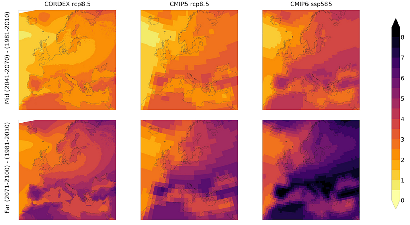 Projected mean temperature change in summer (June, July, August) for 2041–2070 (top row) and 2071–2100 (bottom row) with respect to the 1981–2010 average.