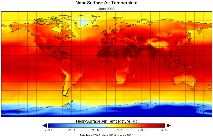 This is a C3S climate projection of global near-surface air temperature for June 2030