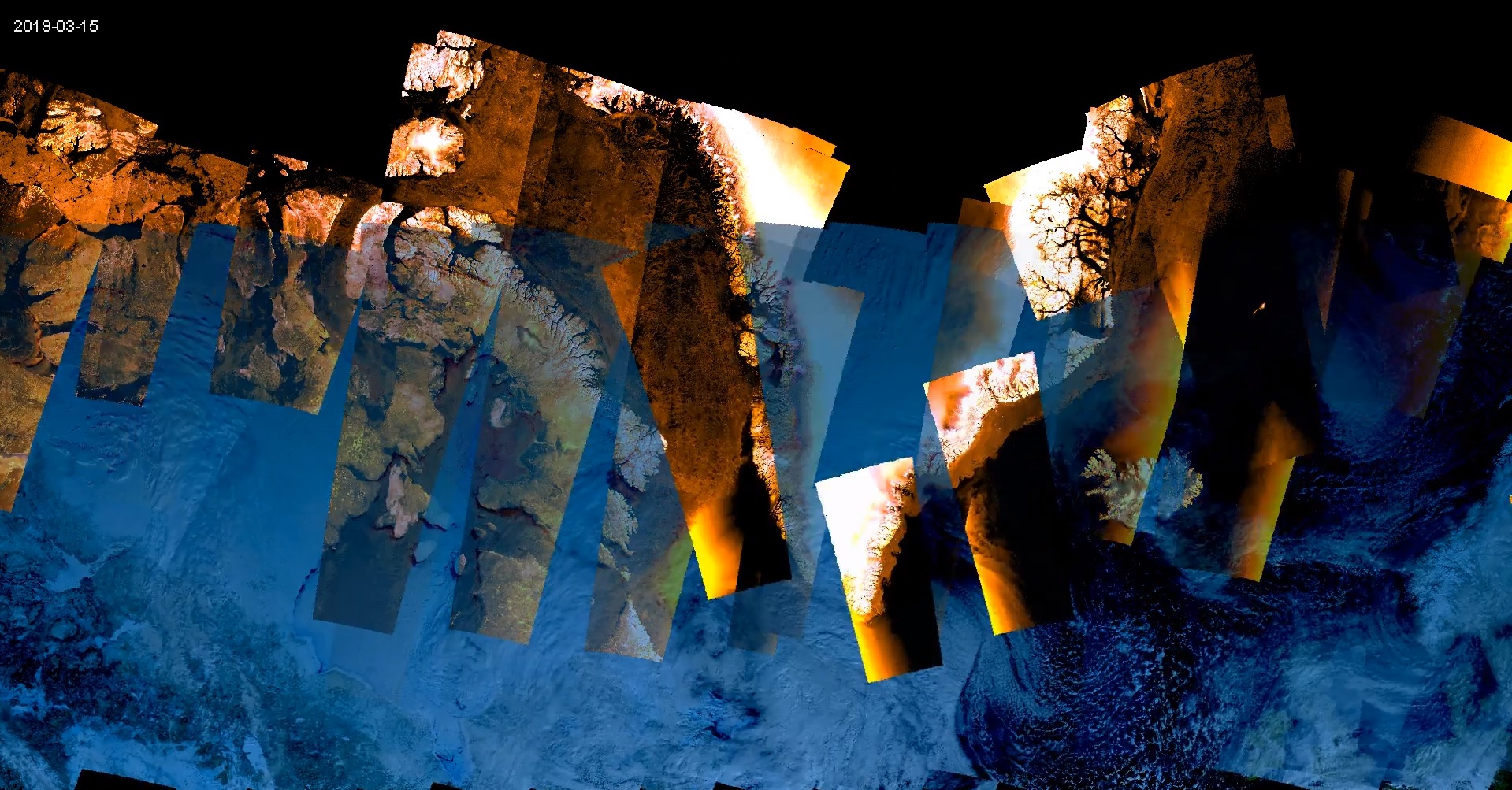 This animation is of satellite data of the Arctic taken over 9 days in March 2019. The blue areas are optical imagery acquired by Sentinel-3, and the orange is an extra wide swath acquired by sentinel-1