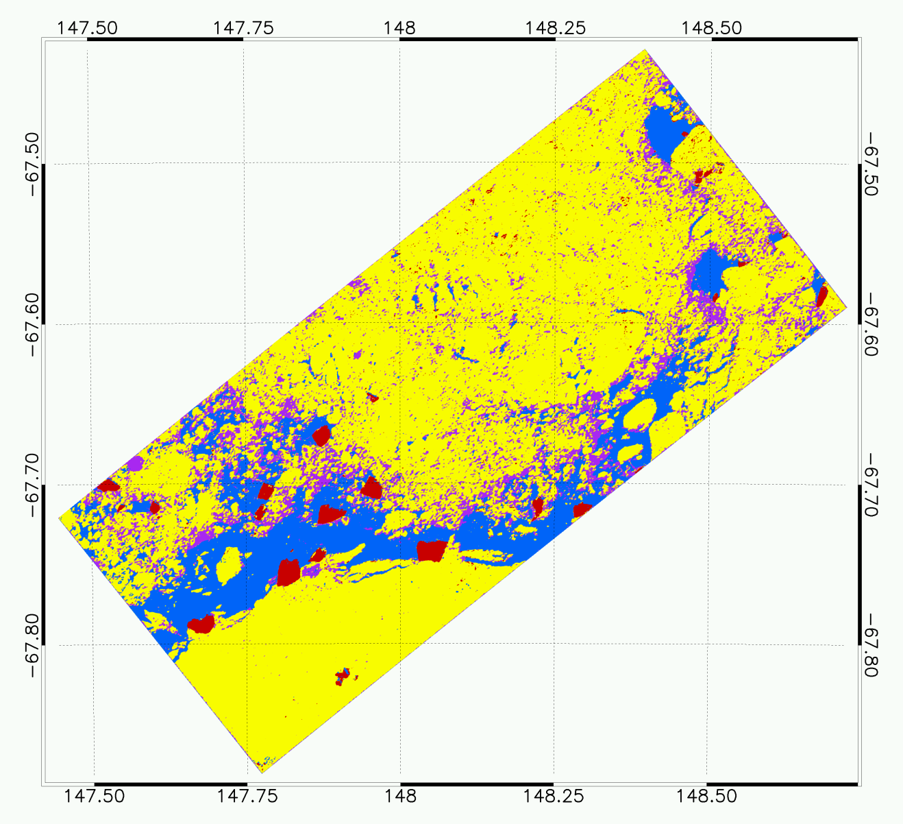 Image from Radarsat-2. Blue: Open Water/ Nilas (OW), Purple: Young Ice (YI), Yellow: First Year Ice (SFYI), Red: Rough First Year Ice/Multi - Year Ice/Ice Berg. Acquired on 30 January 2017, 10:36:35 UTC, showing an area of sea ice in the Arctic