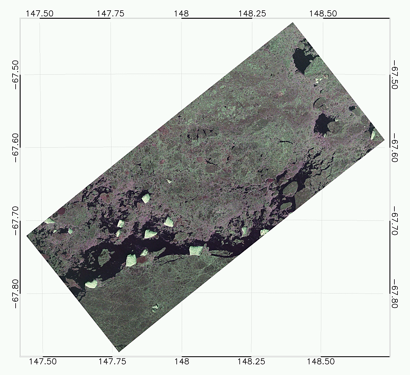 A Radasat-2 Geocoded Pauli RGB composite image acquired on 30 January 2017, 10:36:35 UTC, showing an area of sea ice in the Arctic