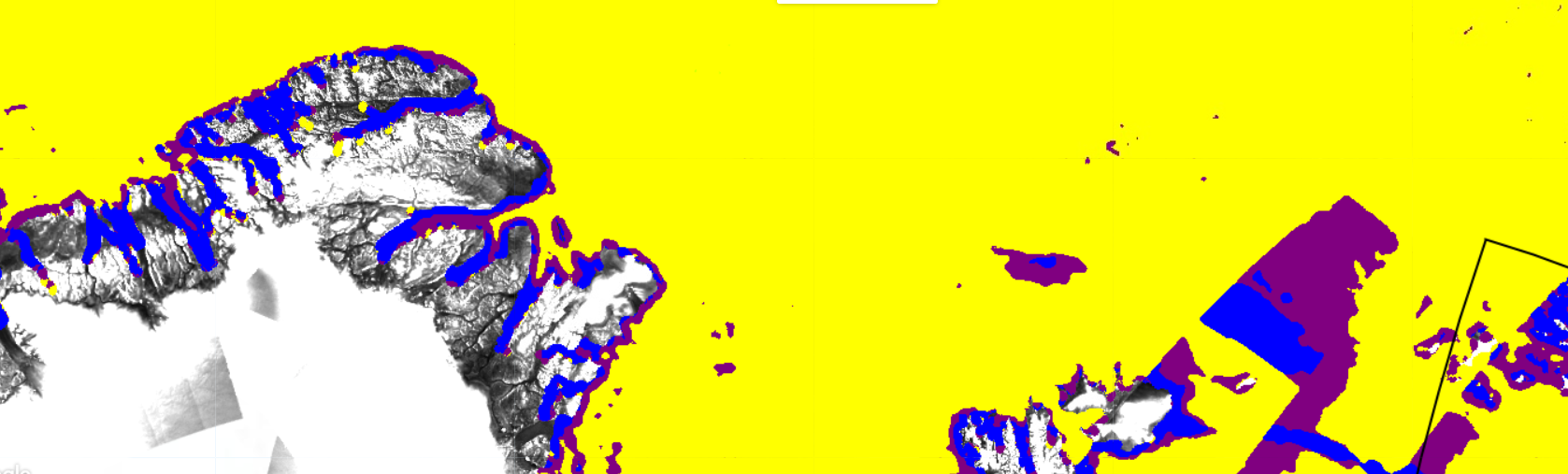 This image shows sea ice characterisation overlaying the composite sentinel-1 imagery. The yellow shows smooth first year ice, the blue is open water, and the purple is young ice.