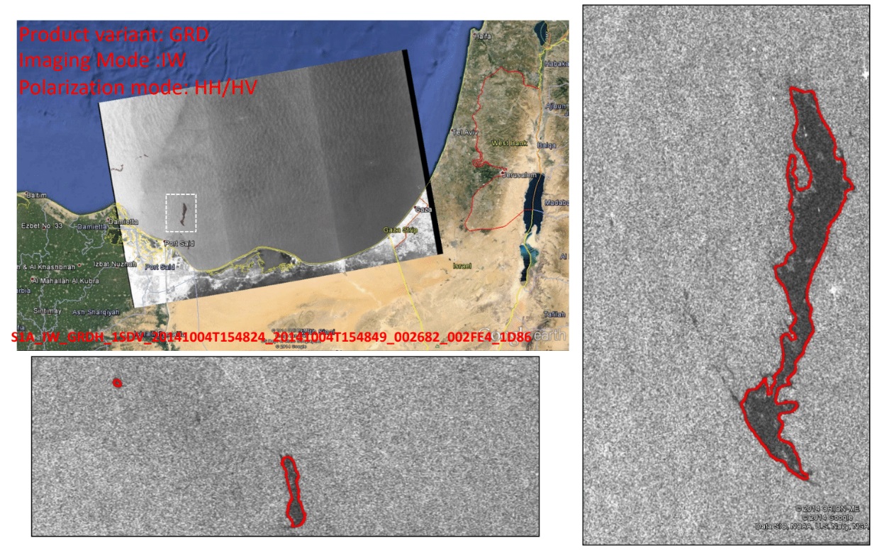 These are Sentinel-1 IW mode images of oil spills in the Mediterranean