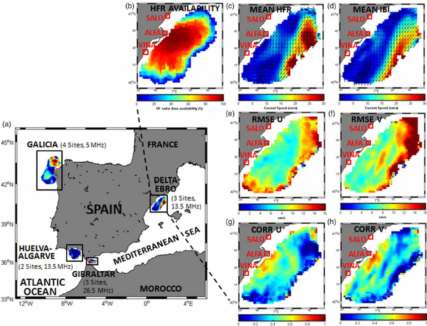 Spanish Coastal Ocean Radar Network, composed by four different HF radar systems (from west to east: Galicia, Huelva- Algarve, Gibraltar, and Delta Ebro) operating at different radiowave frequencies.