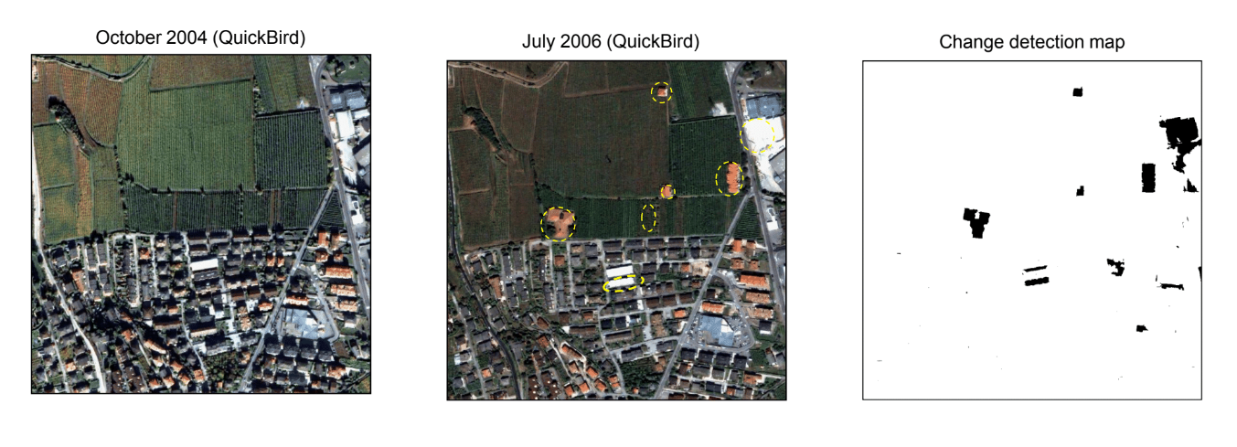 These images show urban change in Trento, Italy. There are two images of Trento taken by the Quick Bird satellite in October 2004 (left) and July 2006 (middle), and a change detecion map of the same area (right).