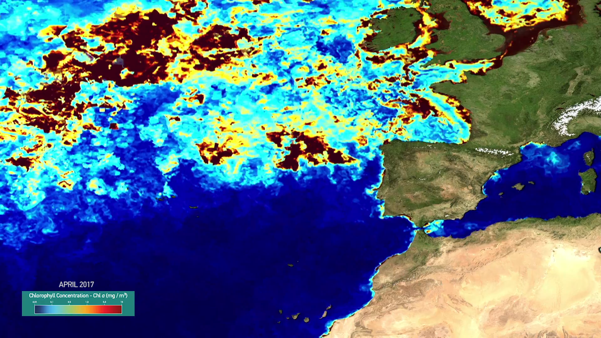This visualisation shows ocean colour in the north Atlantic and along the Iberian coast, caused by Chlorophyll activity from January - July 2017. Audio commentary is provided by EUMETSAT's remote sensing scientist, Ewa Kwiatkowska.