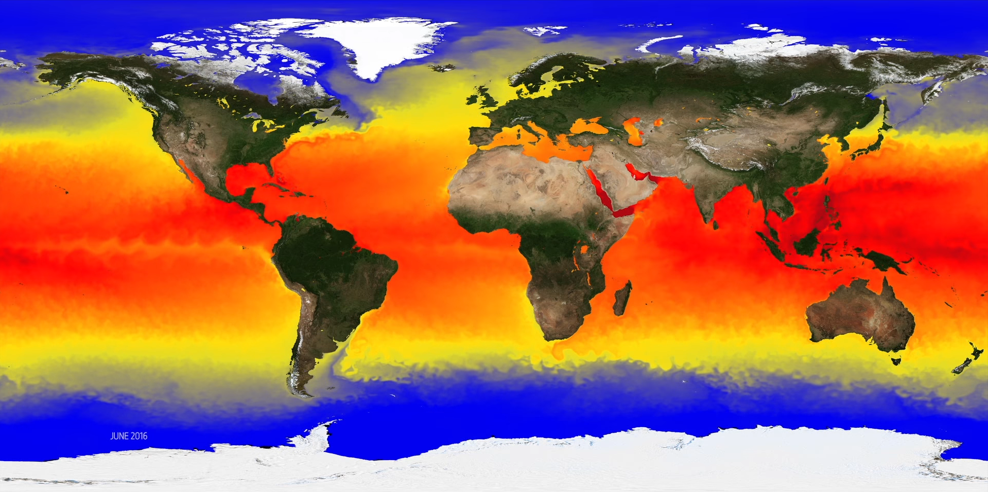 In this video, Anne O'Carroll, Remote Sensing Scientist at EUMETSAT, takes us on a journey around the globe covering the most significant sea surface temperature events during 2016, using data supplied by Europe's Copernicus Earth Observation programme, which incorporates observations from EUMETSAT's satellite fleet.