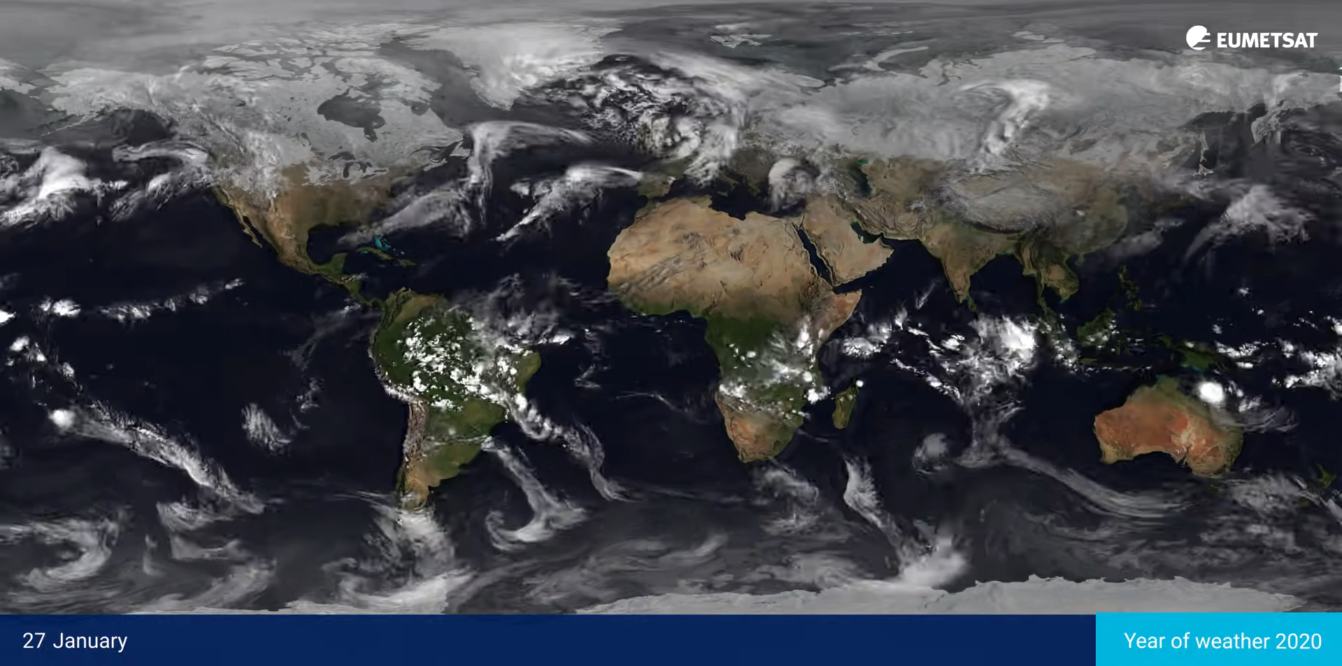 This animation shows the different weather patterns across the globe in 2020 as captured from space, with major storms labelled from light yellow to red depending on their intensity. The most active basin of the year was the North Atlantic, counting 30 named storms.