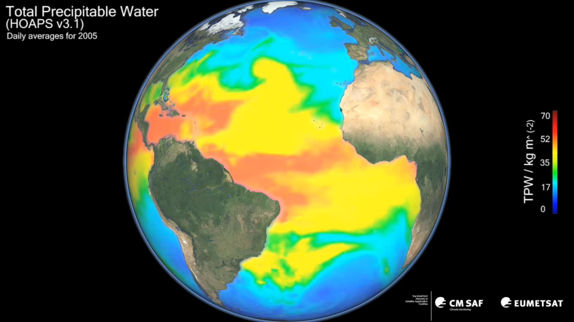 The Total Precipitable Water product, visualised in this animation, illustrates the average daily water vapour content in the atmosphere over the oceans throughout 2005. Importantly, the extended period of satellite observations available allow climatologists to see patterns and trends over a 20-year period.