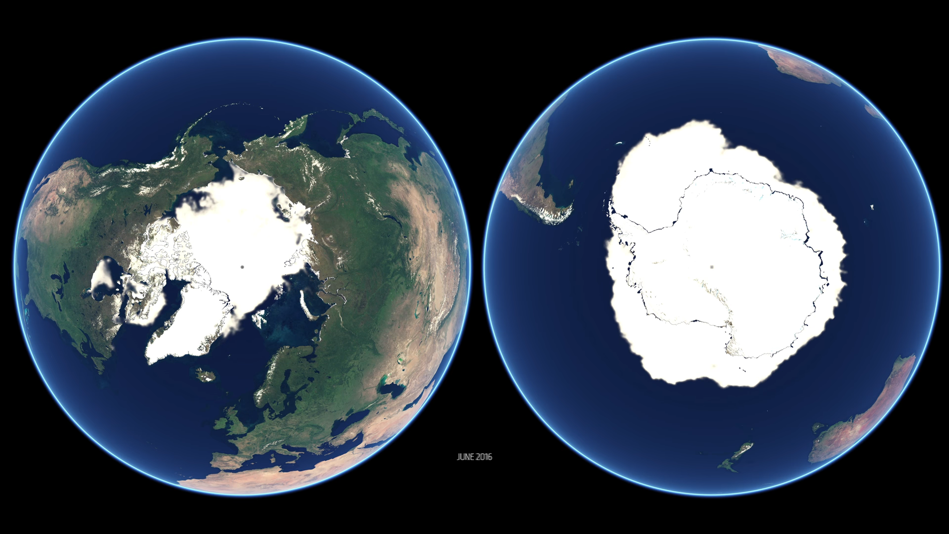 This visualisation shows the polar ice concentration of the northern and southern hemispheres throughout 2016, as seen by the DMSP and Metop satellites.