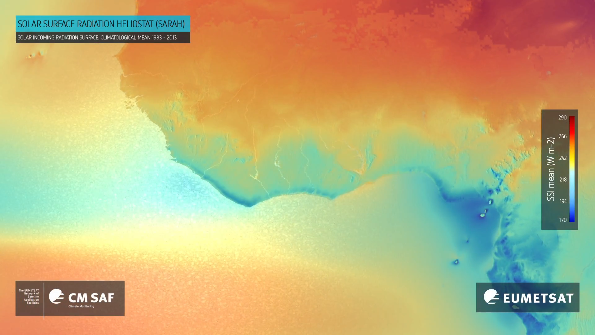 This visualisation showcases the SARAH (Surface Solar Radiation Heliostat) climate data record from the EUMETSAT Climate Monitoring SAF and shows the mean average surface irradiance from 1983 to 2013 of areas in central and southern Africa.