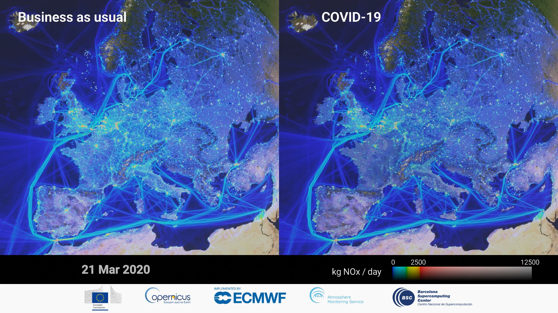 Animation of the absolute cumulative NOx emission decline in 2020 as compared to the business-as-usual scenario, still 10 April 2020. Applying artificial intelligence, the study provides a daily sectoral and spatial emissions breakdown as well as information on country-level contributions and different pollutants..