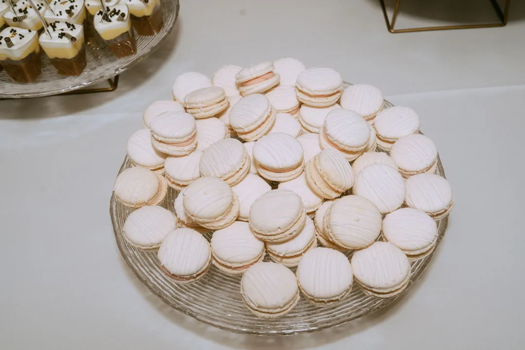 Macarons arranged on a tiered serving stand