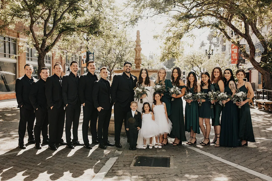 Wedding party pose in a tree lined plaza.