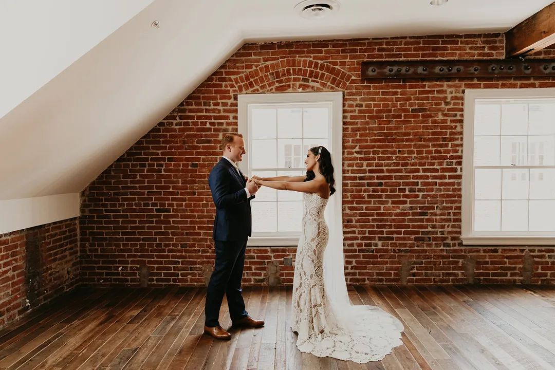 Bride and groom sharing their first look