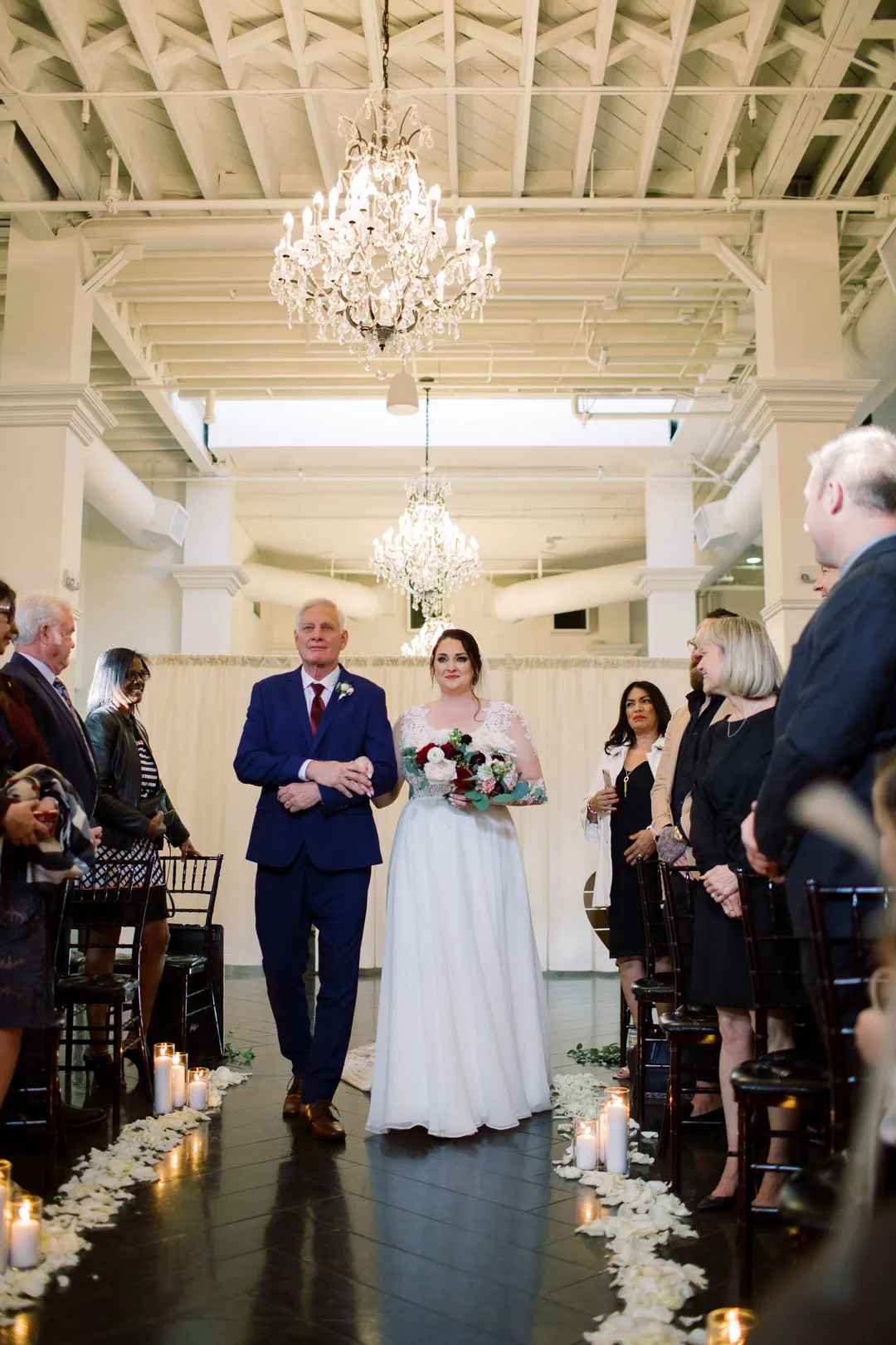 Newlyweds walking down the aisle together