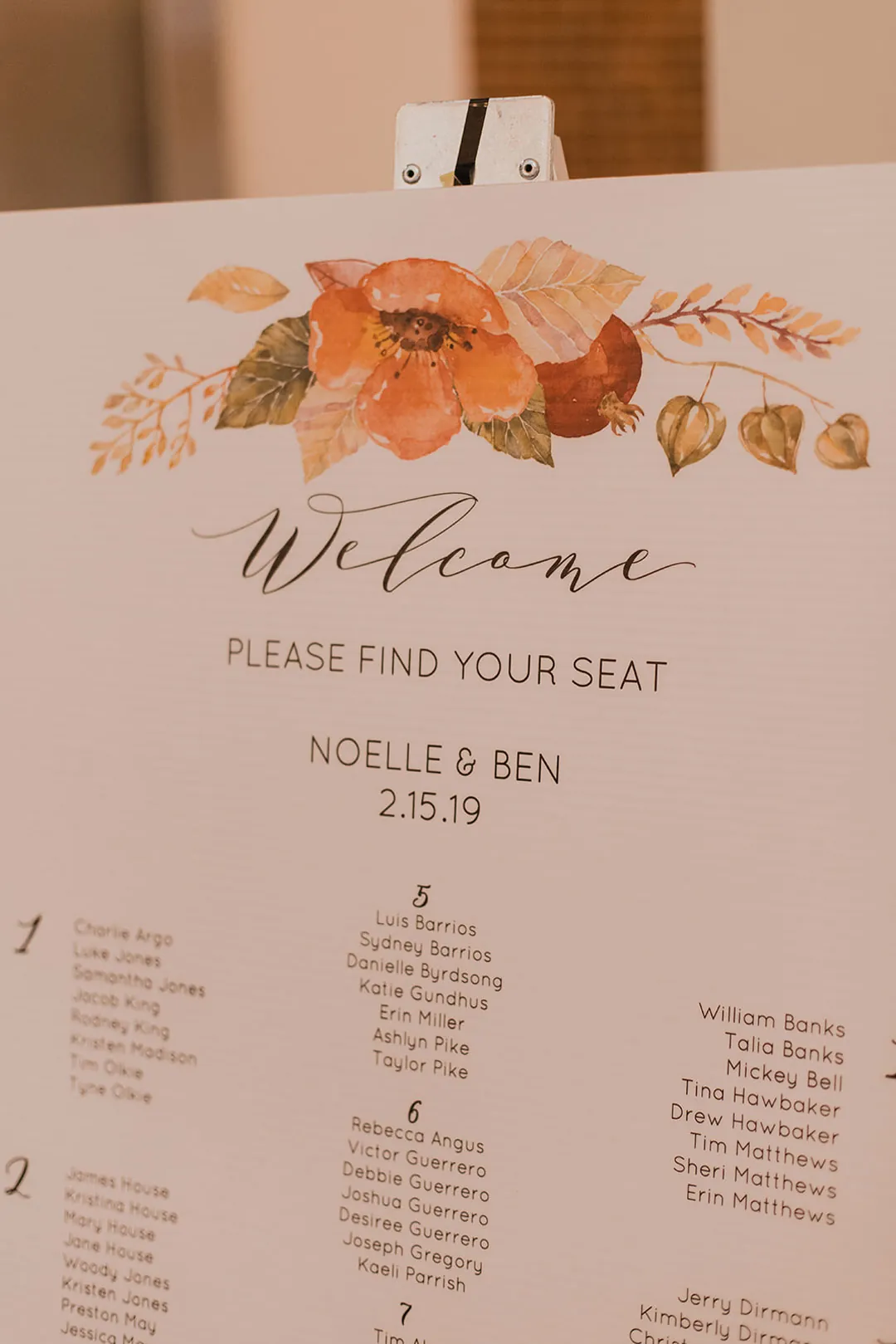 Wedding seating chart decorated with watercolor flowers