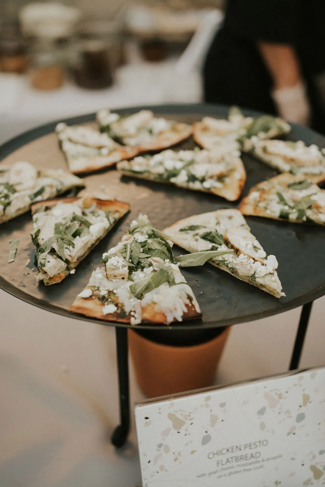 Small plated appetizers arranged on a catering table