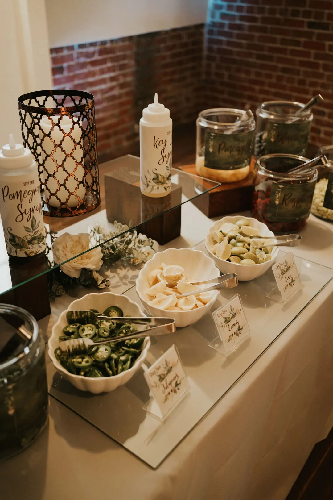 Catering station with bowls of toppings