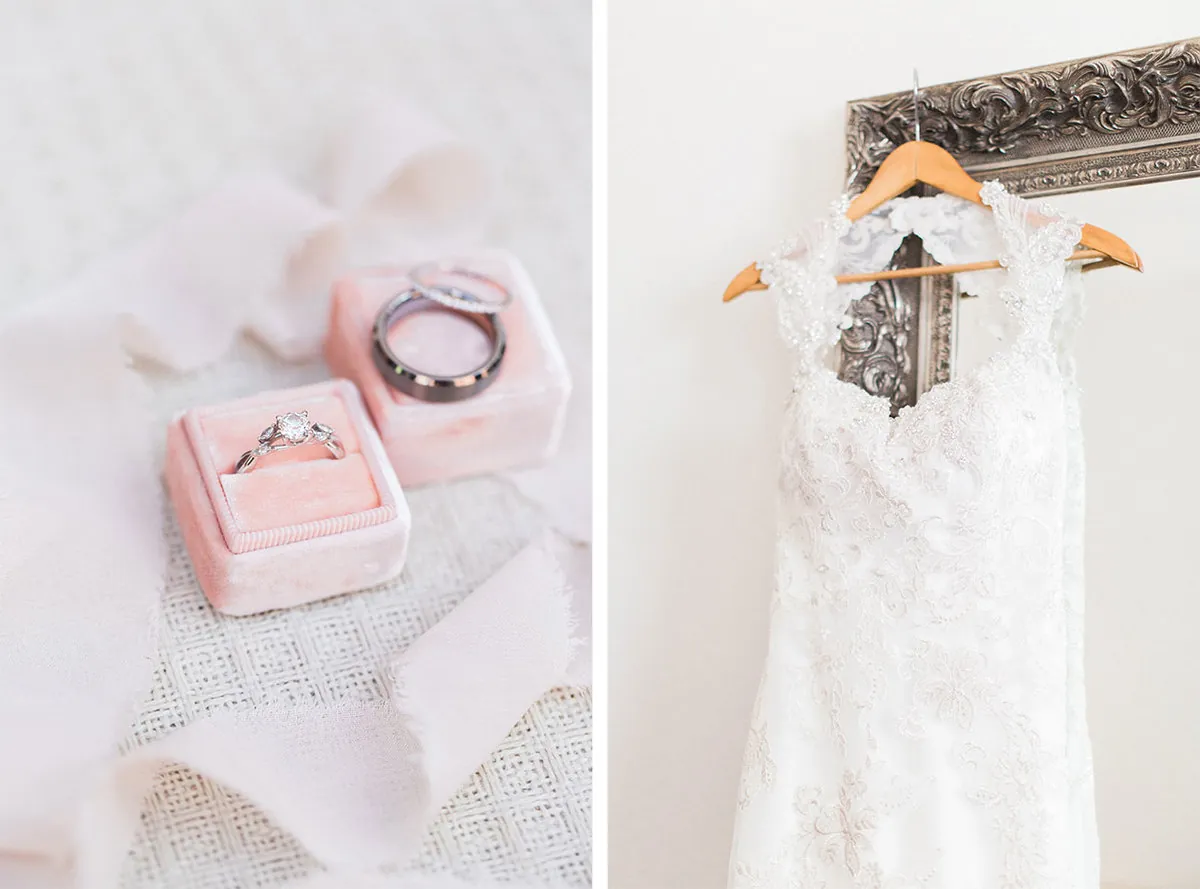Wedding rings in boxes beside a lace gown