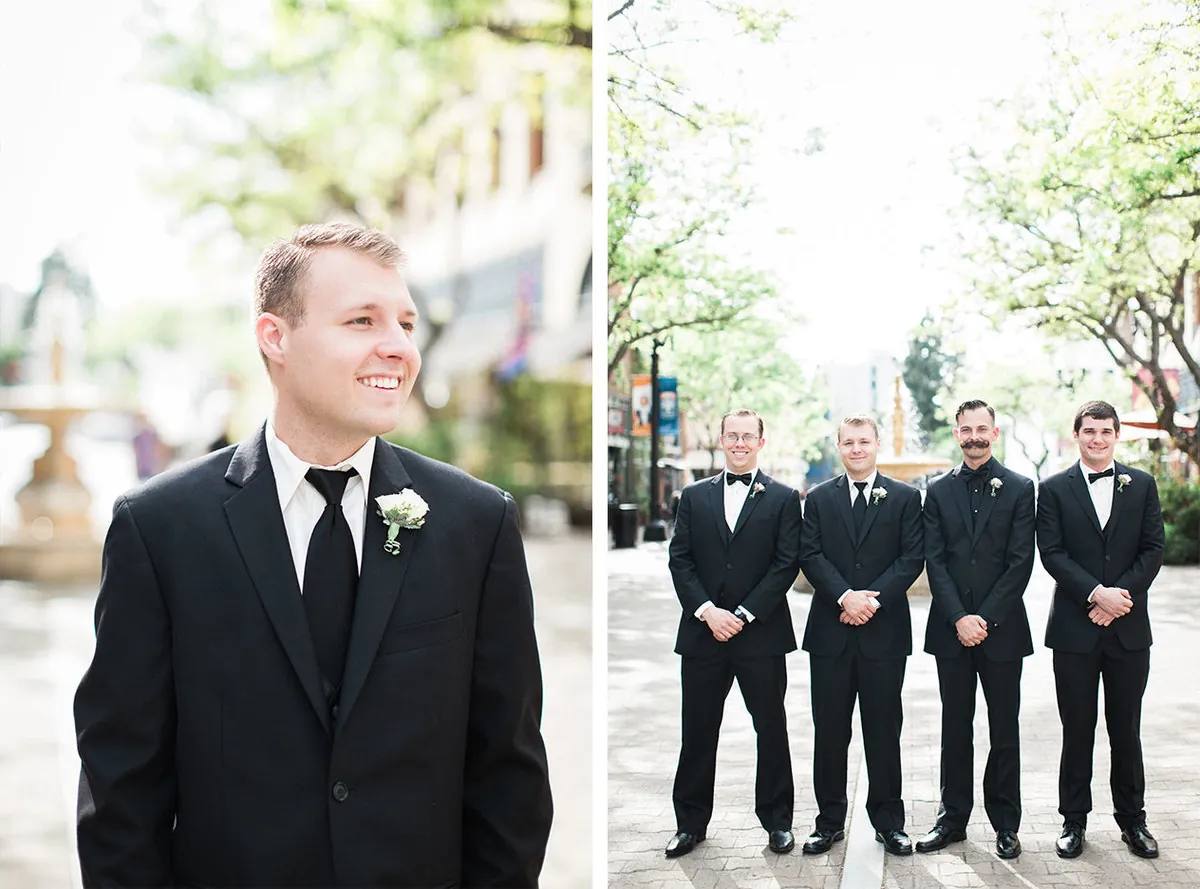 Groom smiling with his attendants behind him outdoors