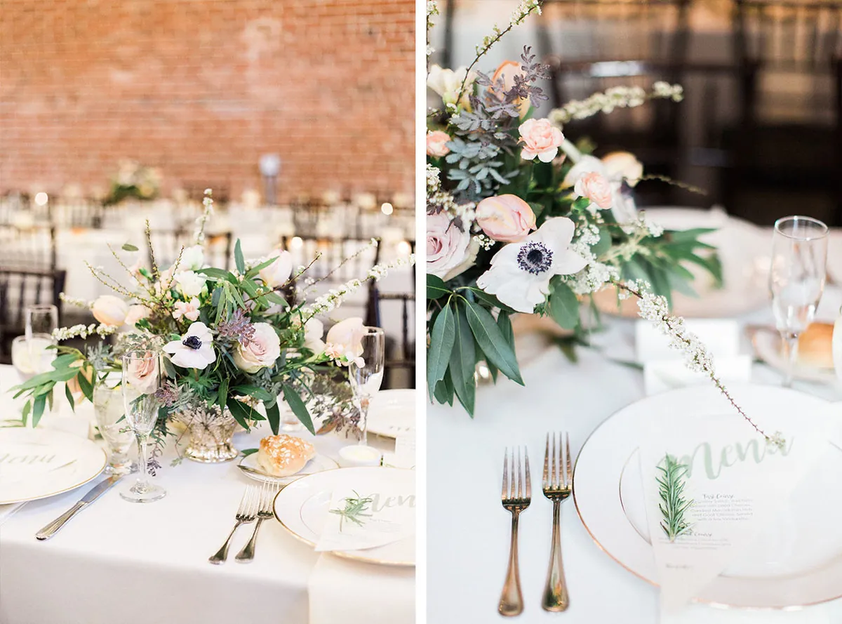 Floral centerpieces and place settings on a reception table