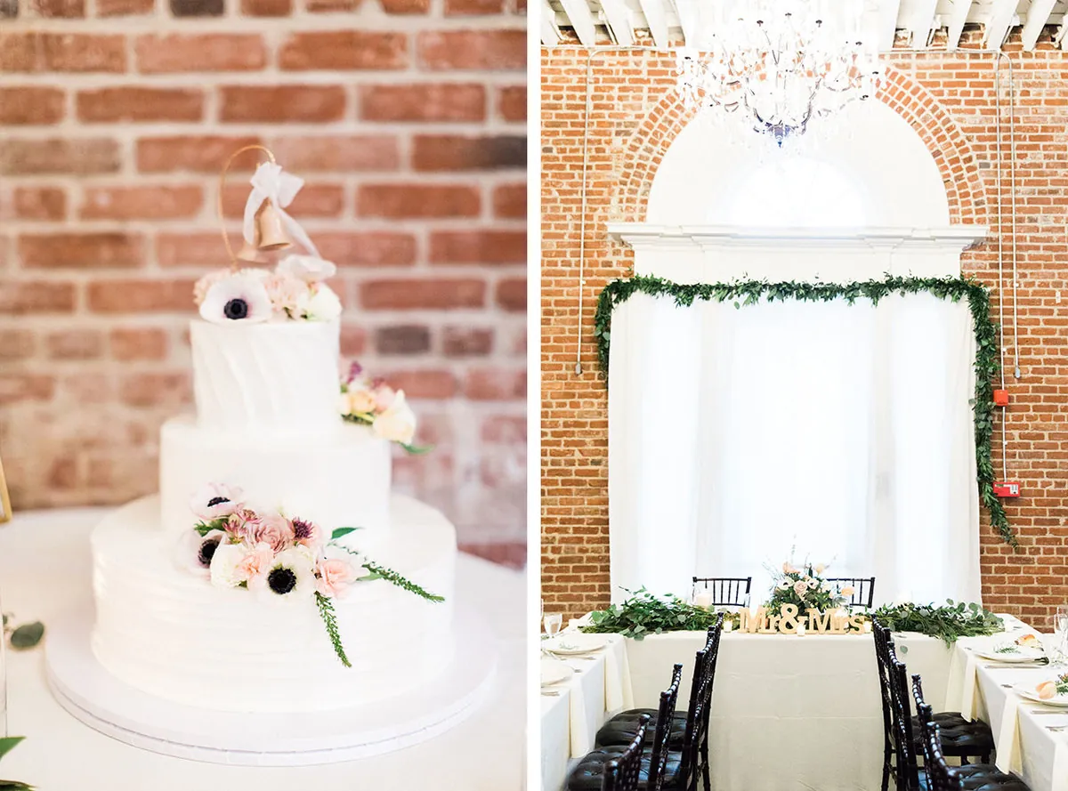 White floral wedding cake and a ballroom reception table