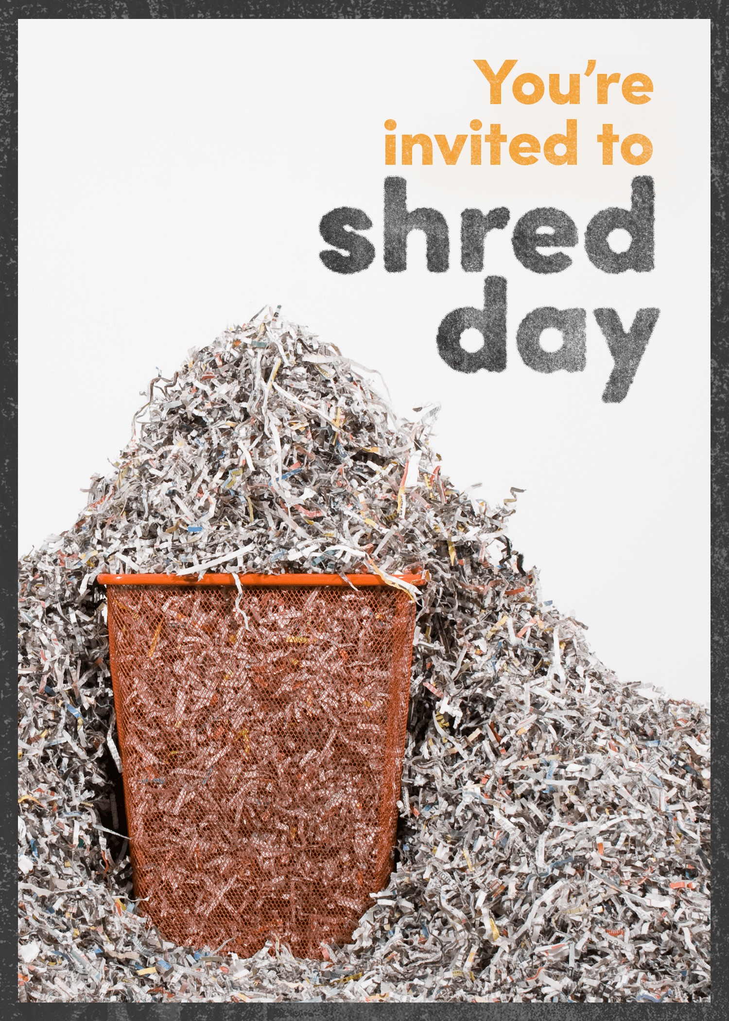 A trashcan piling up with shredded paper under an invitation to shred day.