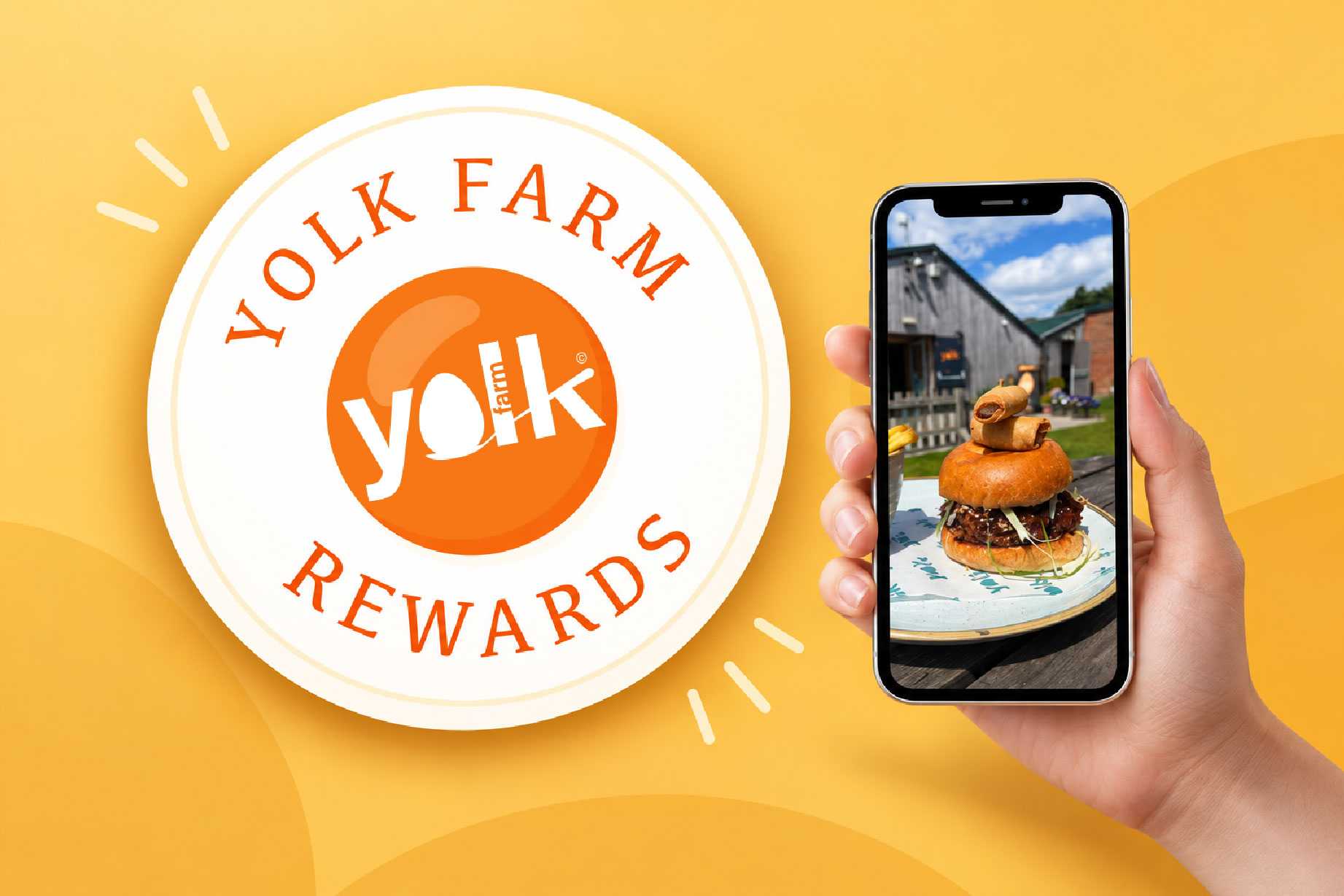Yolk Farm Rewards badge beside a phone showing Yolk Farm food