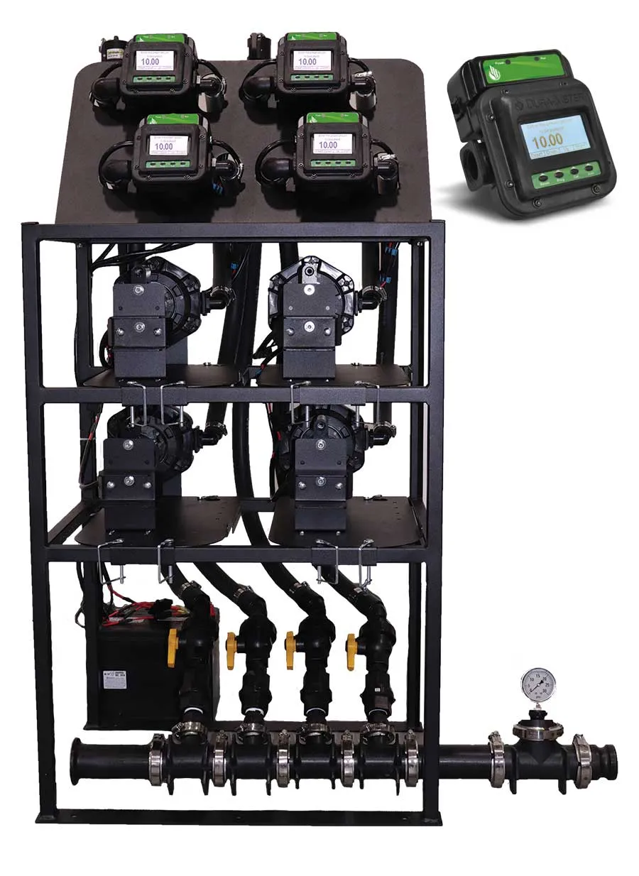 Industrial water treatment setup with four digital flow meters on top, multiple black pumps mounted in a metal frame, connected to black piping with yellow valves and a pressure gauge.