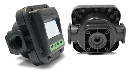 Two views of a black digital water meter with a display screen and green buttons, shown from an angled side and front.