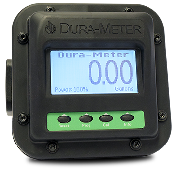 Dura-Meter digital flow meter displaying 0.00 gallons with buttons labeled Reset, Prog, Cal, and Info.