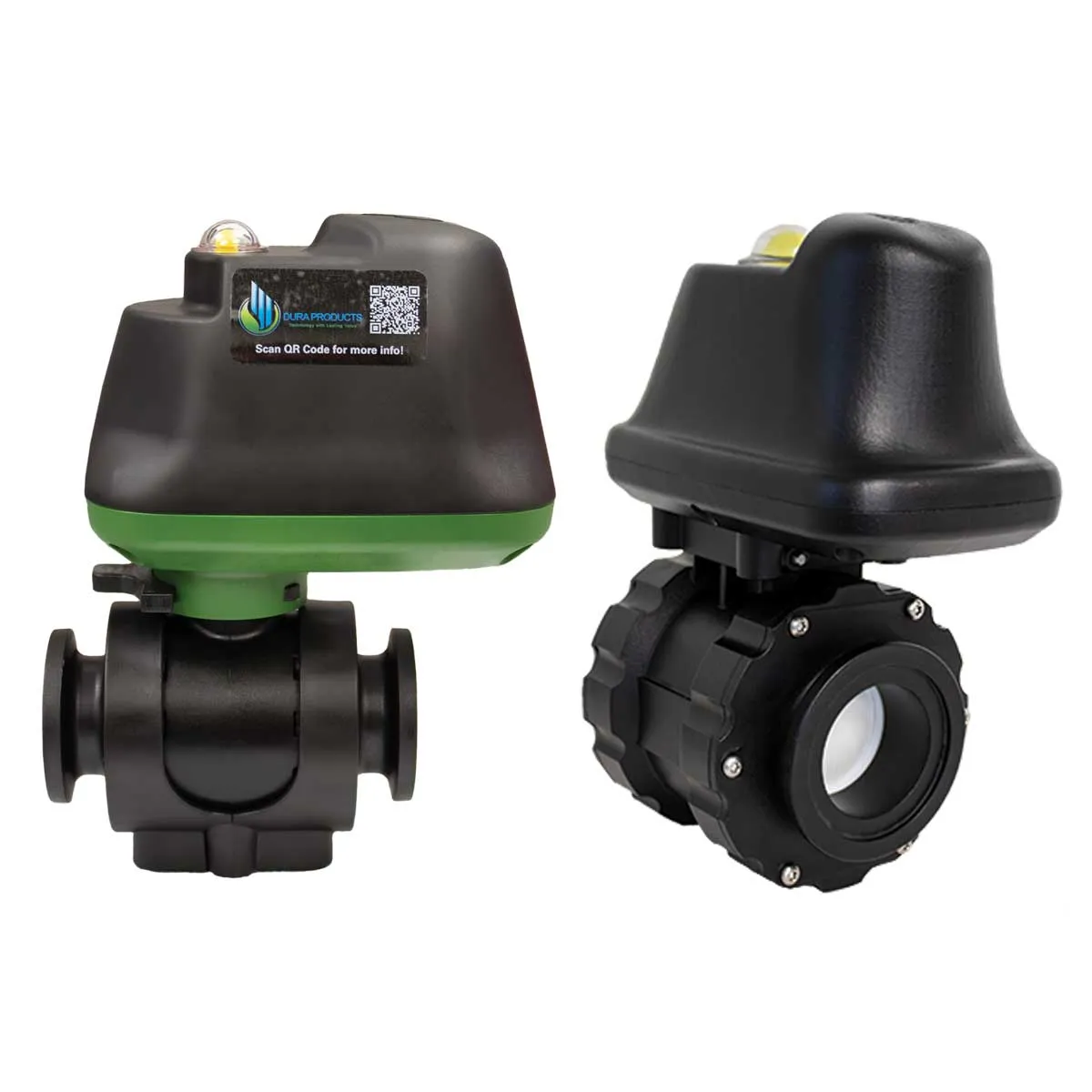 Two black motorized valves; one with a green base and QR code on top, the other with a black base.
